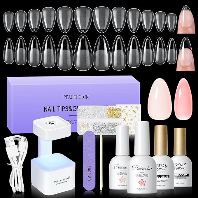 PEACECOLOR Gel Nail Kit, 240Pcs Short Medium Almond Nail Tips with U V Light 2PC Jelly Gel Polish Nail Glue Top Coat Stickers Rhinestones Easy Extension Set DIY Salon Gifts for Women