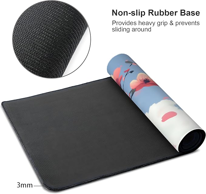 Cute Floral Aesthetic Cherry Gaming Mouse Pad, Blue Pink Anime Desk Mat with Anti-Slip Base & Stitched Edges, Office Supplies & Desk Decor for Women, 35.4" x 15.7" in Home Office Essentials