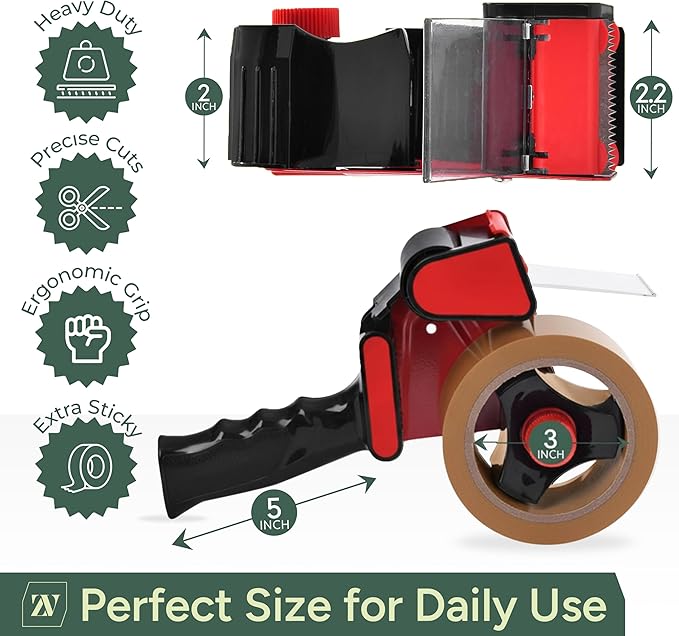 Zuvo Heavy Duty Tape Gun and Dispenser with 6 Brown Packaging Tapes (44mm X 66m) | Metal Tape Gun Dispenser for Moving Boxes, Warehouse, Paper Packaging, Parcel, or General Packing