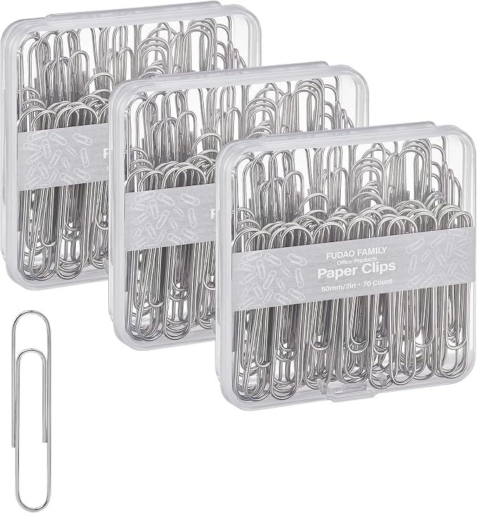 FUDAO FAMILY Large Paper Clips, 2 inch Jumbo Paperclips, 210 Count (3 Pack of 70), Silver