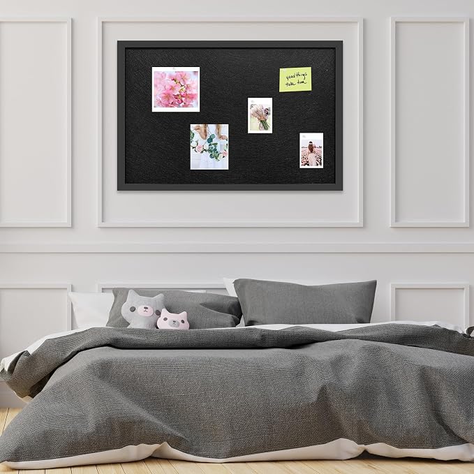 31.5"x48" Black Framed Black Linen Bulletin Board, Pin Board | Linen corkboard texture. Premium cork boards for walls and pin board office organizer.