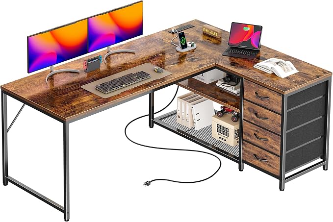 53" L Shaped Desk with Power Outlets & 4 Drawers | Reversible Computer Desk with 2 Storage Shelves, Large Corner Office Desk for Gaming Writing Work Study, Rustic Brown