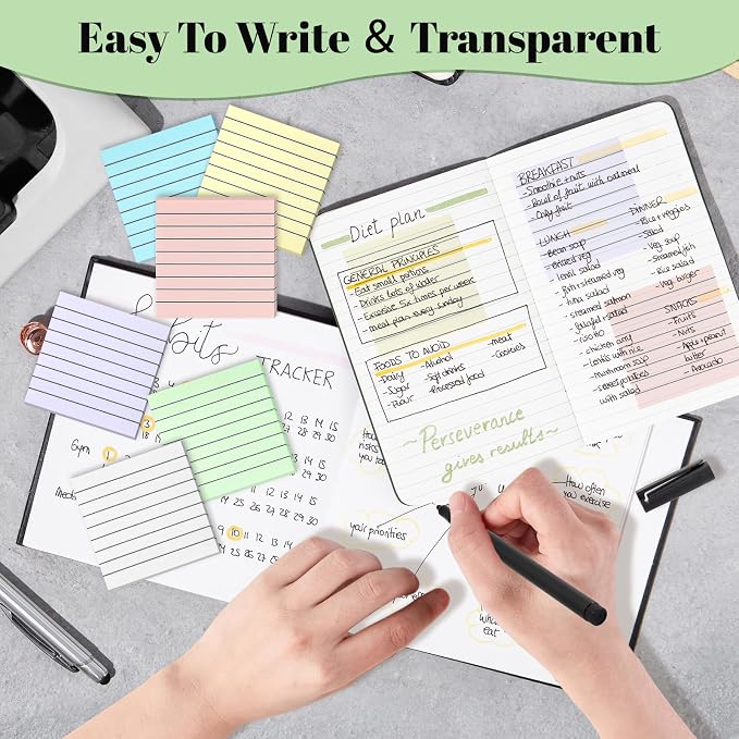 Transparent Sticky Notes Lined 300 Sheets 3"X3" Bright Morandi PET Material | Clear Translucent Self-Adhesive Sticky Notes for Back to School & Office Supplies, See Through Reveals Underlying Bible Text
