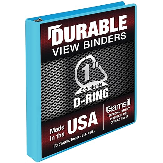 Samsill Durable 1 Inch Binder, D Ring Binder, Customizable Clear View Cover, Sky Blue, Holds 225 Pages