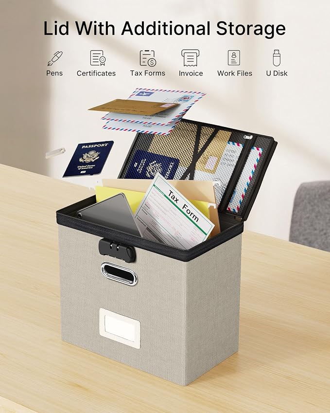 Lockable File Box Small 2-Pack Hanging Organizer for Letter-Size | Dustproof Lid. 3 Mesh Pockets. Collapsible Scratch-Resistant GRS Linen. Slide Rails. Office, Home, Dorm