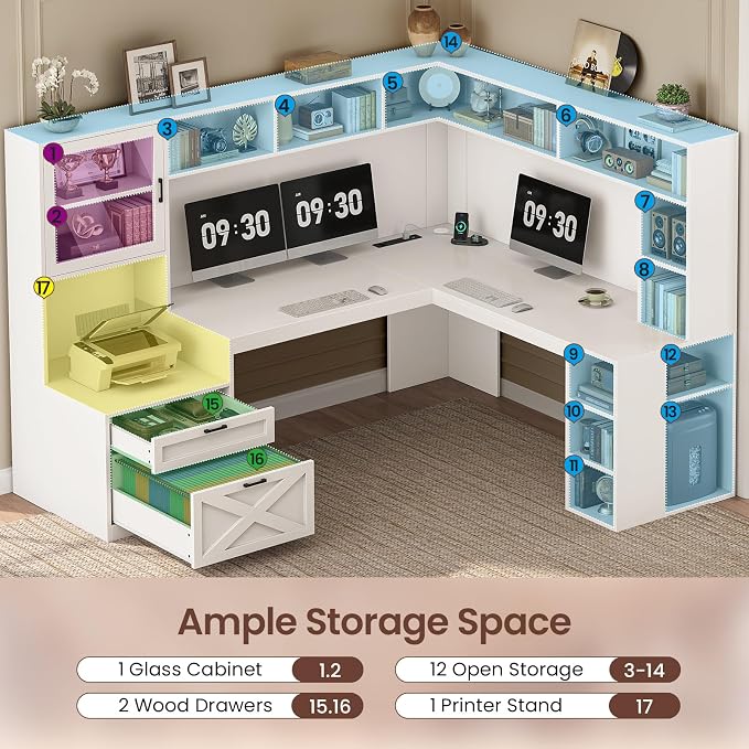SEDETA Farmhouse L Shaped Office Desk with Drawers (White, l Shaped Desk with Double Hutch)