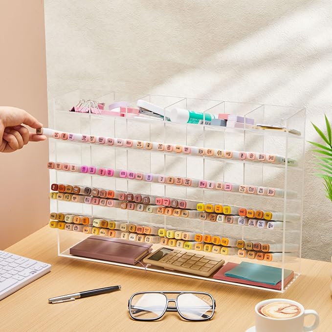 MotiMind Acrylic Pen Organizer Storage for 350 Markers Vertical Marker Organizer Acrylic Pen Display Holder for Office Desk Desktop Stationery Pencil Storage, Clear, 18 x 4 x 12.4 Inch