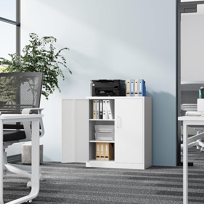 Fesbos Metal Storage Cabinet-36” Tall Steel File Cabinet with Lockable Doors and Adjustable Shelves-White Steel Storage Cabinet for Home, School, Office, Garage
