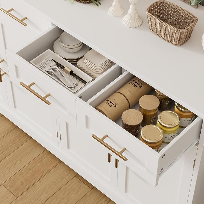 HOSTACK 60" W Sideboard Buffet Cabinet with Storage, Kitchen Cabinet, White | 36 Tall Kitchen Buffet Storage Cabinet with 4 Drawer, Large Coffee Bar Cabinet, Modern Buffet Table for Dining Living Room