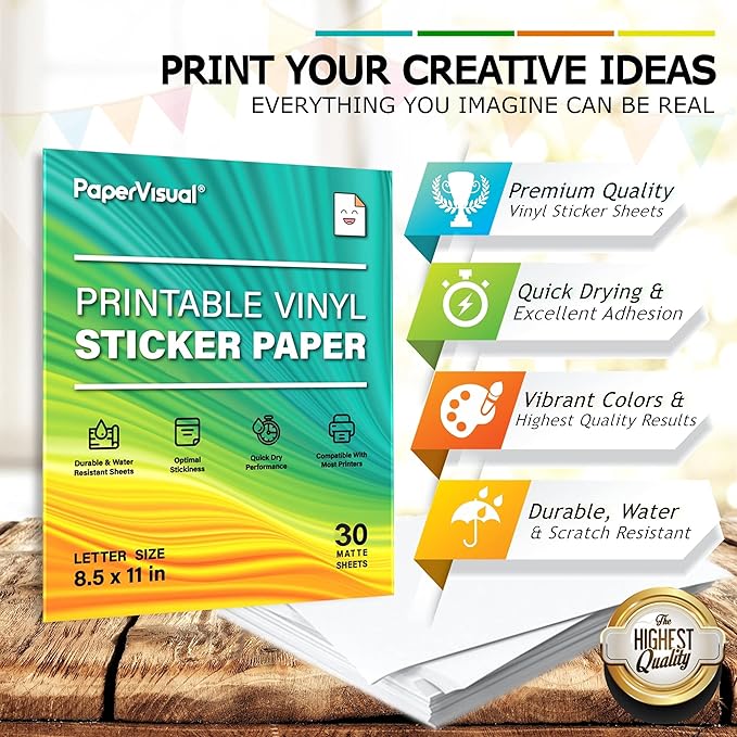 Premium Printable Vinyl Sticker Paper for Inkjet and Laser Printer - 30 White Matte Sticker Paper Waterproof - Excellent Adhesion Paper 8.5 x 11, Fast Dry, Holds Ink Well, Great for Cutting Machines