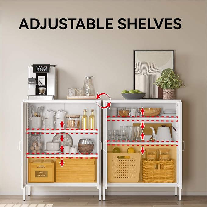 COFaR White Metal Storage Cabinet, 40” Kitchen Buffet & Coffee Bar Cabinet with Adjustable Shelves, 3-Tier Steel Organizer with Magnetic Doors, Sideboard for Dining Room, Home Office