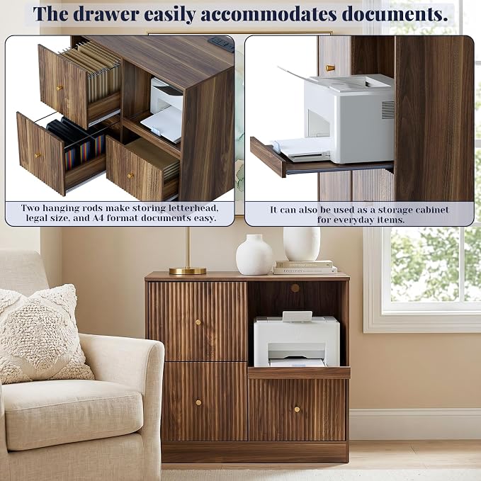 DNYN 3 Drawers Wood File Cabinet with Charging Station and Printer Stand | Vintage Fluted Lateral Filing Cabinet| For Home Office| Anti-Tipping| Fits for A4/Letter-Size Files| Pull-out Shelf