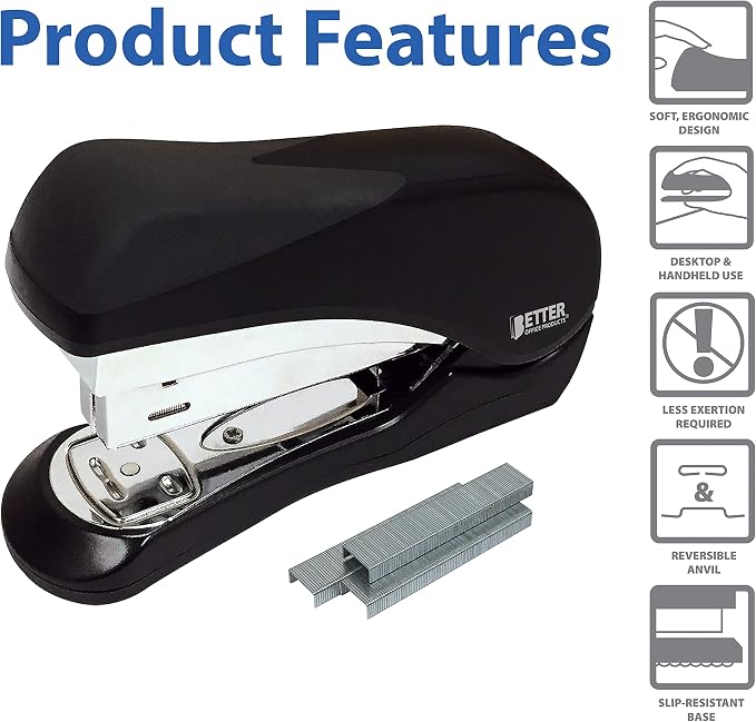 Better Office Products Heavy Duty Easy Grip Stapler, Effortless, with 1,000 Regular 1/4" Staples, High Capacity Compact Palm of Your Hand Size, Ergonomic Soft Grip