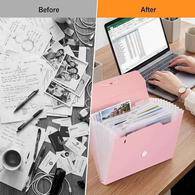 Comix Accordion File Organizer, 13 Pocket, Pink | Expanding File Folder, A6/Letter Size Documents, Includes Labels, For Office, Home, School