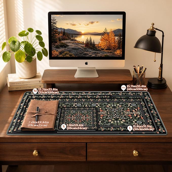 iCasso Aesthetic Mouse Pad,23.6x13.7in Desk Pad, Black Flower | Vintage Desk Matt for Desktop, Anti-Slip Mousepad with Stitched Edges for Laptop Computer Keyboard