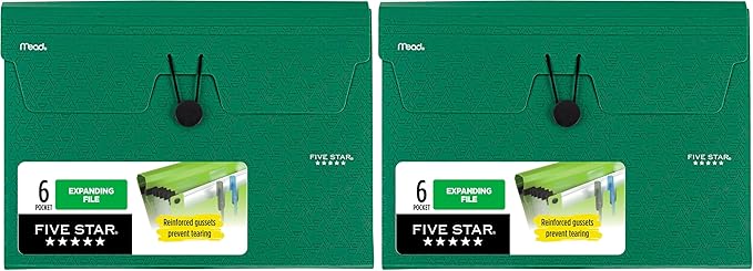 Five Star Expanding File Organizer, 6-Pocket Accordian File Organizer, Bungee Closure, Holds 11" x 8-1/2", Forest Green (350100D-ECM) (Pack of 2)