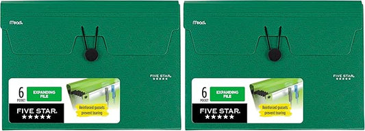 Five Star Expanding File Organizer, 6-Pocket Accordian File Organizer, Bungee Closure, Holds 11" x 8-1/2", Forest Green (350100D-ECM) (Pack of 2)
