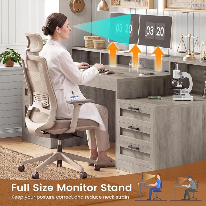 SEDETA 63" Executive Office Desk with 5 Drawers, Grey | Farmhouse Computer Desk with LED Lights & Monitor Stand, Wood Home Office Desk with 2 Printer Stand & Power Outlet