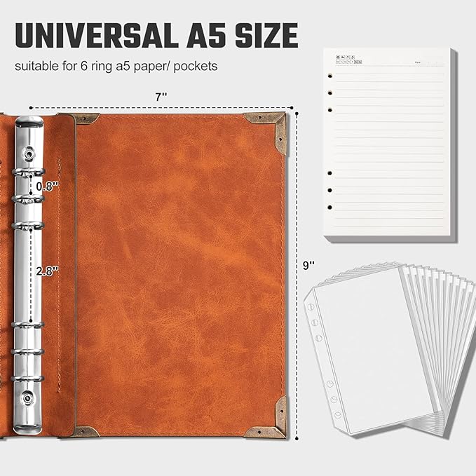 PU Leather A5 Binder 6 Ring Refillable Journal Cover No Refill Paper A5 Planner Binder Loose Leaf Binder for Notebook 5.7”x8.3” with Elastic Closure, Brown Tree