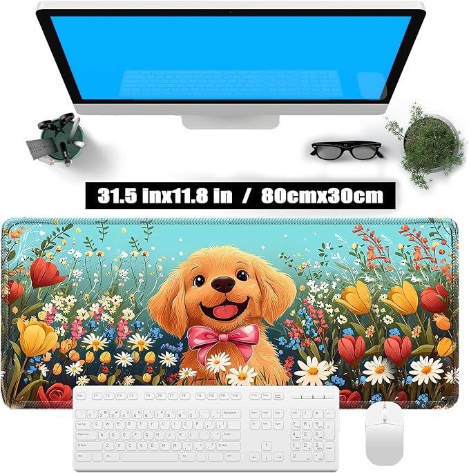 Cute Bow Dog Smiles Floral Mouse Pad, Lager Desk mat 31.5x11.8 Inch | Large Gaming Desk Mat, Flowers with Non-Slip Base, Micro-Woven Fabric, Stitched Edges, For Office Computer