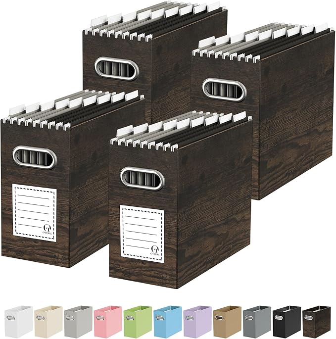 Portable Collapsible Cardboard File Box with Handle for Letter-Size | 4-Pack. Stainless Steel Handle. Label Stickers Included. Fits Letter Folders (Not Included). Home, Office, School, Dorm, Tax.