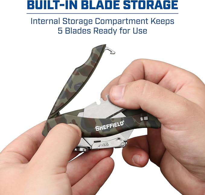 Sheffield 12131 Utility Knife & 5 Utility Knife Blade Storage Compartment | Utility Knife Accepts Standard Utility Blades For Home, Office, Trades, and Warehouse