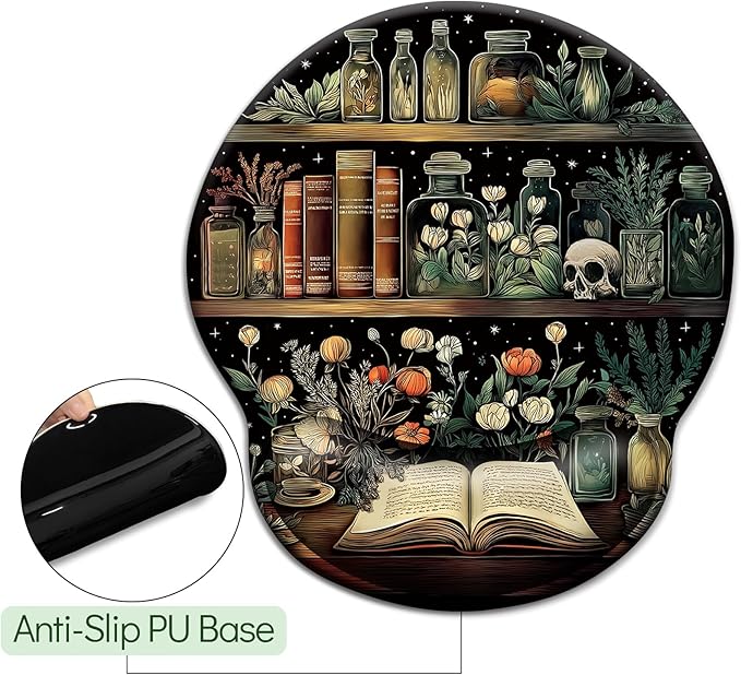 Mouse Pad with Wrist Rest, Goth Book Ergonomic Mouse Pad Wrist Support with Non-Slip Pain Relief PU Base, Funny Laptop Computer Mousepad, Gothic Skull Office Home Desk Accessories Decor