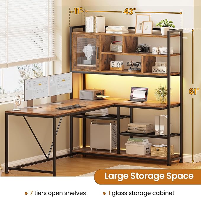 SEDETA L Shaped Computer Desk with Storage Shelves, Bookshelf, Rustic Brown | 58'' Reversible Office Desk with LED Light, Glass Door Cubby, L Shaped Corner Desk for Gaming, Two Monitors, Small Space