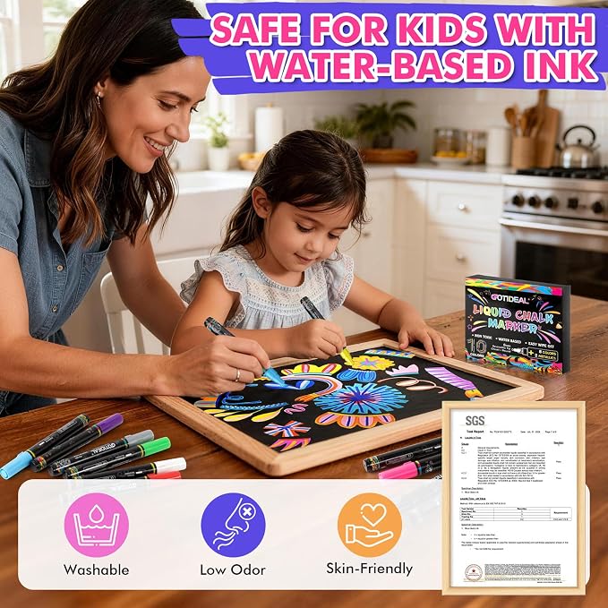 GOTIDEAL Liquid Chalk Markers, 10 Colors, 6 mm Bold & Chisel Tip | Erasable Chalk Board Pens,Window markers for Glass Washable, Blackboard, Car, Glass, Calendar, Sign, Menu Diy Painting