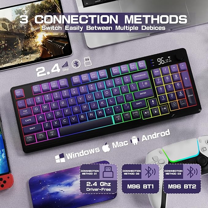 LexonElec M96 Wireless Keyboard, Low Profile Quiet Typing Membrane Gaming Keyboard with Smart Display & Knob, RGB Backlit, USB C Rechargeable, 94 Keys PBT Keycap for Windows PC,Mac,Linux-Grape Purple