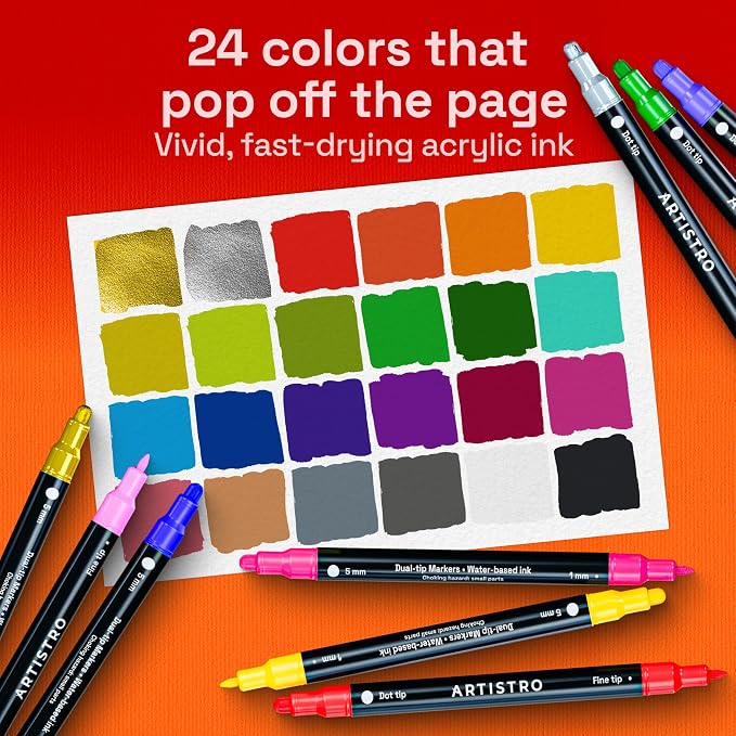 ARTISTRO Mixed Colors Dual-Tip Acrylic Paint Marker Pens - Set of 24 | For Fabric, Rock, Glass, Wood, & Coloring Books, Arts & Crafts Gift, Classroom Must Haves & School Supplies (Dot & Fine Tips)