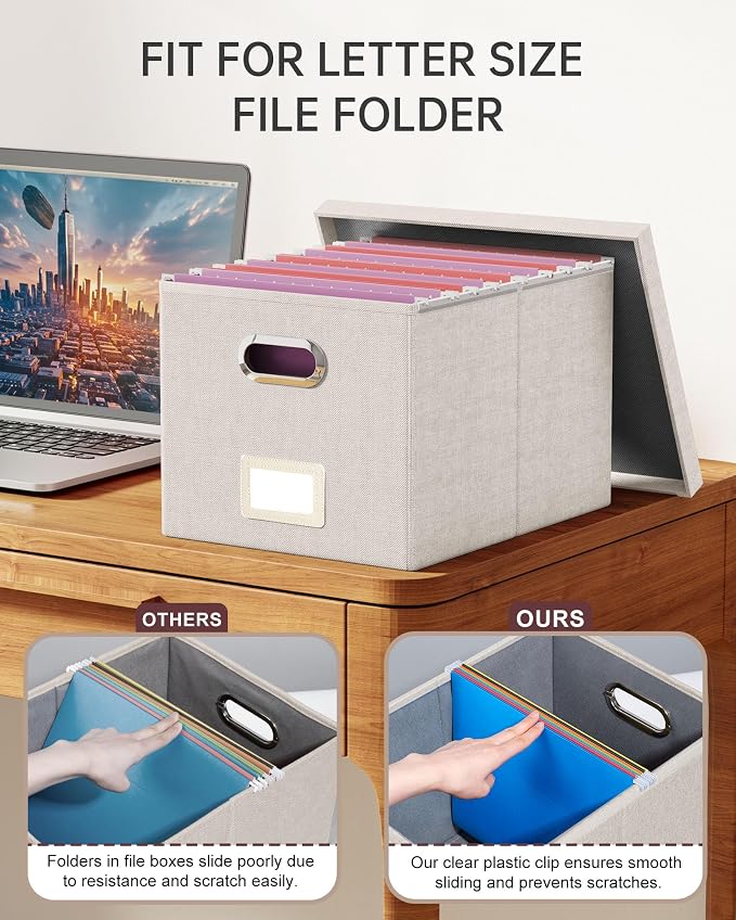 File Organizer with Lid, File Box, File Cabinet for Letter File Folder Storage, Hanging File Organizer for Office/Decor/Home,Document Organizer, 1 Pack,Beige-Box Only