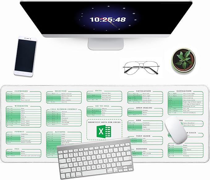 White Excel Cheat Sheet Desk Pad, 31.5"x11.8", Waterproof Extra Large Excel Shortcut Mat with Stitched Edges, Anti-Slip Excel Mouse Pad for Office Desk, MS Excel/Word Shortcuts (White Excel)