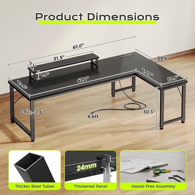 61" L Shaped Computer Desk, Power Outlets, Monitor Stand, Black | USB-C Ports, Reversible Charging Station, Spacious Desktop & Legroom, 0.94 Inch Thick Desktop, for Gaming, Study & Work