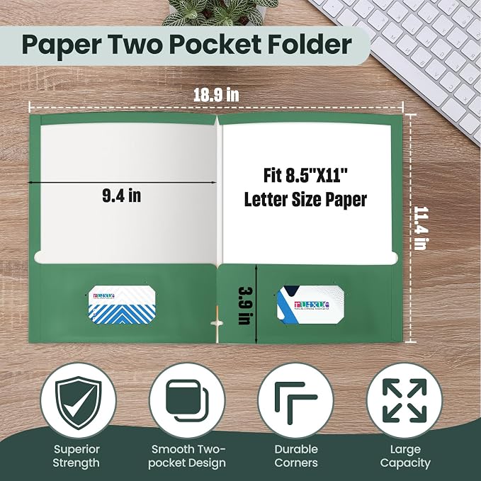 ®100 Packs Green Two Pocket Folders,File Folder with Pockets Fit Letter Size Paper,File Folders Letter Size,Durable Paper Folders for School, Office, Business. (100, Dark Green)