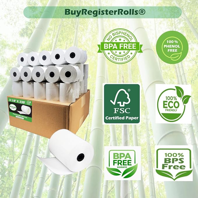 Phenol Free Thermal Paper (100 Rolls) 3 1/8 x 230 Receipt Rolls fits all Clover POS Cash Register Printers, Star Micronics SCP700 TSP100 TSP300 TSP400 (BPA & BPS Free) from BuyRegisterRolls