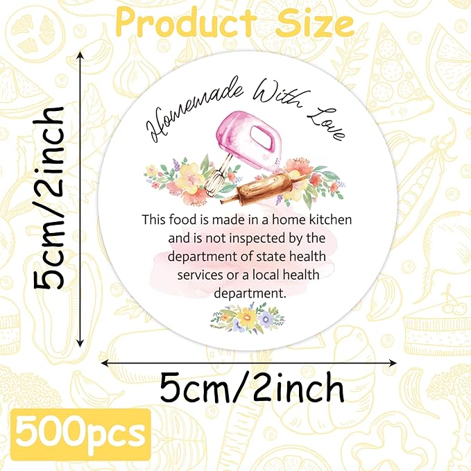 PANTIDE Watercolor Flower Cottage Food Law Labels Sticker - 500Count Homemade with Love Adhesive Round Decal Roll, Made in A Home Kitchen Inspection Statement Thermal Printed for Packaging(2 x 2 Inch)