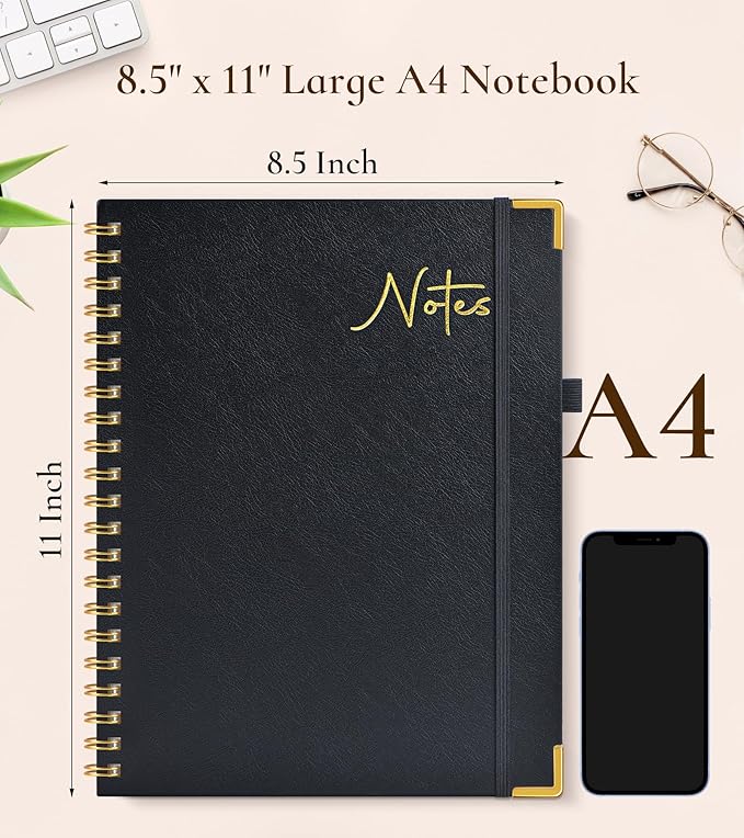 Blank Spiral Notebook Journal 8.5” x 11”, A4 Large Hardcover Sketch Book for Women Men, 100 GSM Blank Paper Drawing Notebook, Spiral Bound Sketchbook for Sketching School Work Note Taking, Black
