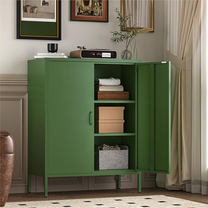 YAUWOH Metal Cabinet with 2 Doors and 4 Shelves，39.96" Tall Steel Office Cabinet,Bathroom Floor Locker for Office,Home,Garage,Gym,School (1PC,Forest Green)
