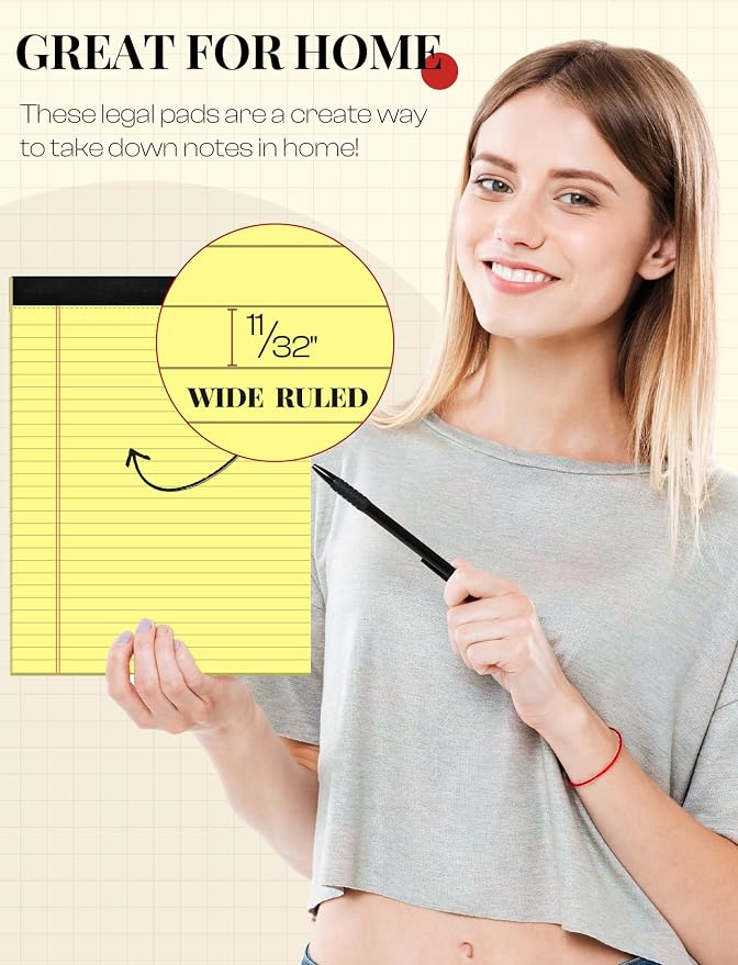 6 Pack Note Pads 8.5x11, Wide Ruled, Lined Writing Pads Yellow Legal Pads | Letter Size 8.5 x 11 Notebook for Work Micro Perforated Legal Notepads Yellow Lined Paper Pads 27 Lines, 30 Sheets/Pad