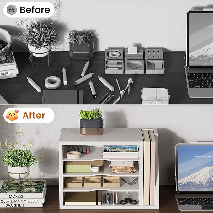 Mail Sorter, File Organizer Desktop, Wood Desk Organizer with 3 Adjustable Shelves, Mail Holder for Office, Home, Letter Sorter File Holders for Envelopes, Mail Supplies Magazines, White