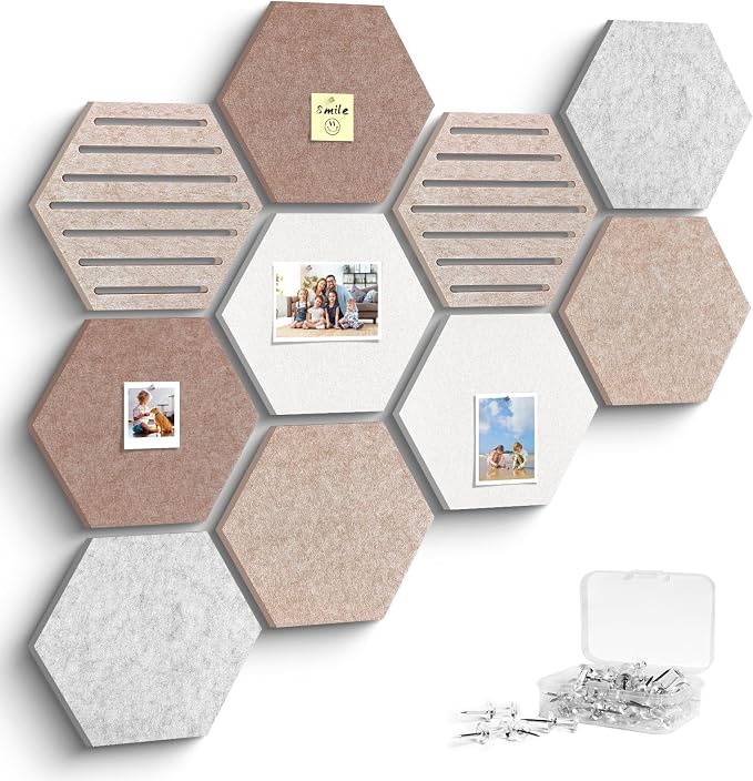Hexagon Cork Bulletin Board Tiles, 10 Pack Felt Board with 25 Push Pins, Photo Display Board for Office & Home Classroom Wall Decor, 11.8x10.2 Inches