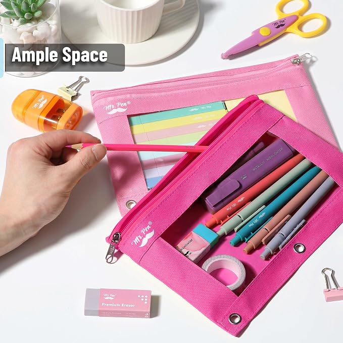 Mr. Pen- Pencil Pouch for 3 Ring Binder, 2 Pack, 10"x6.75", Smooth Zipper | Clear Window, Large Capacity Pencil Case with 3 Reinforced Grommets for School, Office, Supplies Storage