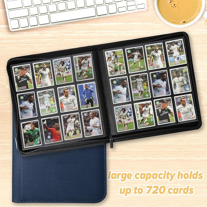 12 Pocket Ringless Side Loading Trading Card Binder, 720 Cards PU Fixed Page Zipper Card Album for TCG Sports Game Cards, Not Fit Top Loaders (Blue)