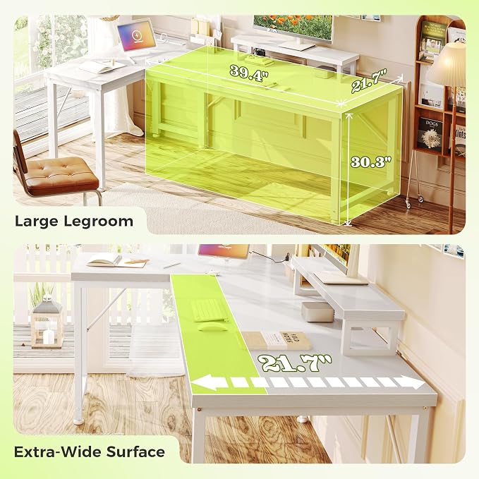 53" L Shaped Computer Desk, Power Outlets, Monitor Stand, White | USB-C Ports, Reversible Charging Station, Spacious Desktop & Legroom, 0.94 Inch Thick Desktop, for Gaming, Study & Work