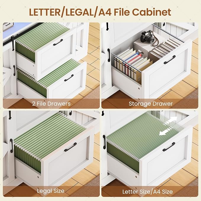 SEDETA 47.2" File Cabinet, 2 Drawers Filing Cabinets for Home Office fit Legal/Letter/A4 File, Farmhouse File Cabinet with Barn Door & Power Outlet, Printer Stand with Storage & LED Light, White+Grey