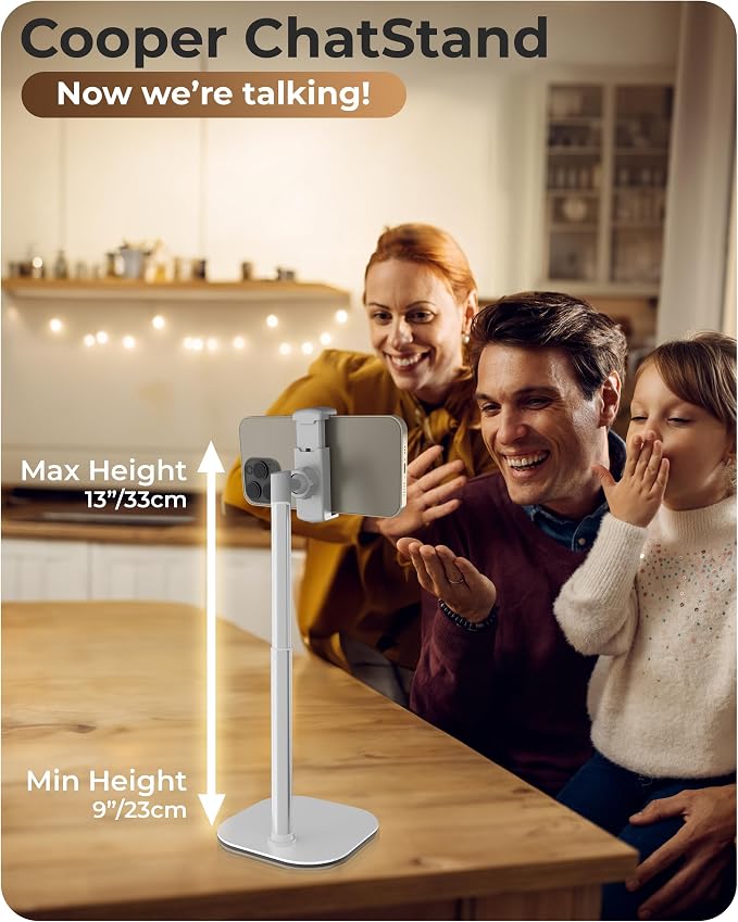 COOPER ChatStand Sturdy Cell Phone Holder, iPhone Stand for Desk, Recording | 9-13" Adjustable, Weighted Metal Base, Tabletop Tripod, for Filming, Video Calls, FaceTime; fits all iPhone, Samsung, Android