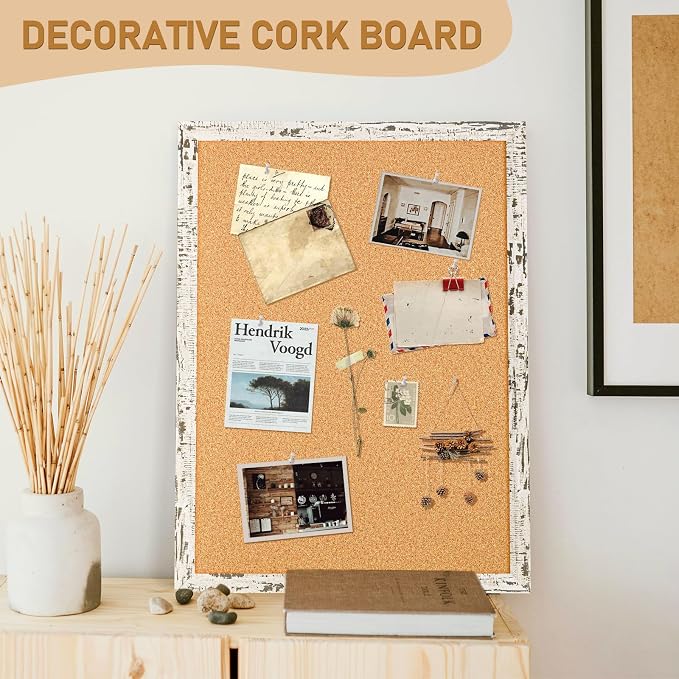DOLLAR BOSS Cork Board, 24" X 18" Birch Bark Framed Bulletin Board | Decorative Pin Board, Wall Hanging Notice Board, For Office & Home Decor Memo Display, With Pins