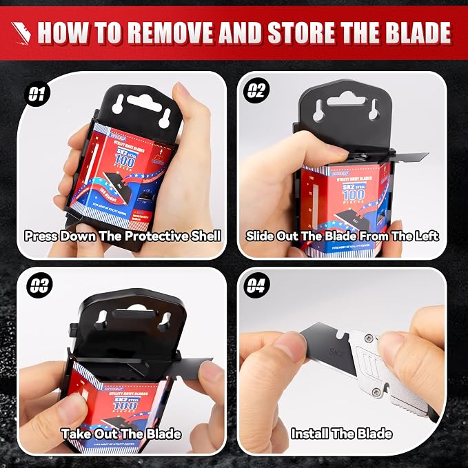 DIYSELF 100 Pack Utility Knife Blade Refills, SK2 Razor Knife Blades, Black | Durable SK2 Steel Box Cutter Blades for Cartons and Leather, Razor Blades for Warehouses, Offices and Home Projects