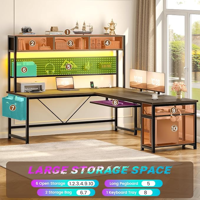 SEDETA L Shaped Gaming Desk with LED Lights and Pegboard for Home Office | Reversible 94.5" Computer Desk with Power Outlet, Keyboard Tray, Storage Shelves and Headphone Hook, Walnut Brown